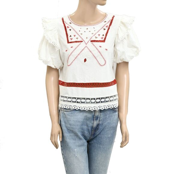 By Anthropologie Puff-Sleeve Cutwork Blouse Top Embroidered Cotton M NWD 280426 - Picture 5 of 11